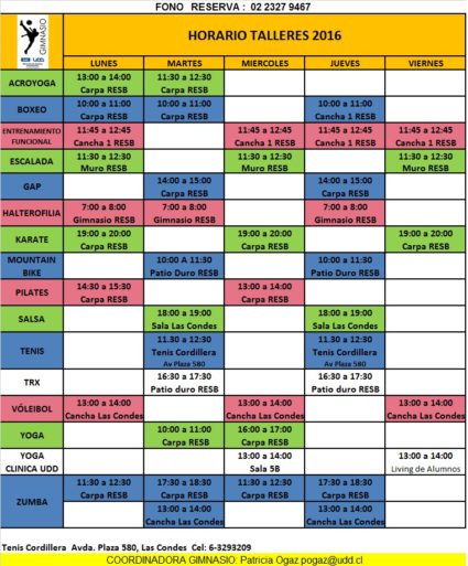 HORARIO TALLERES  2016